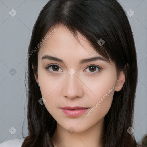 Neutral white young-adult female with long  brown hair and brown eyes