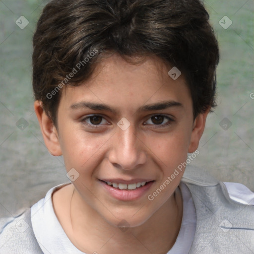 Joyful white child female with short  brown hair and brown eyes