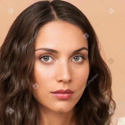 Neutral white young-adult female with long  brown hair and brown eyes