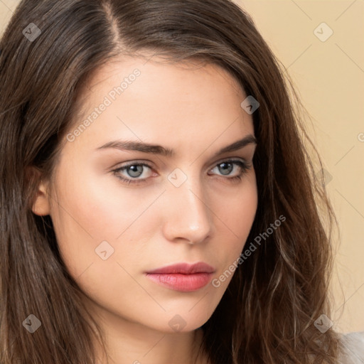 Neutral white young-adult female with long  brown hair and brown eyes