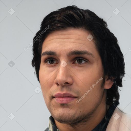 Neutral white adult male with short  black hair and brown eyes