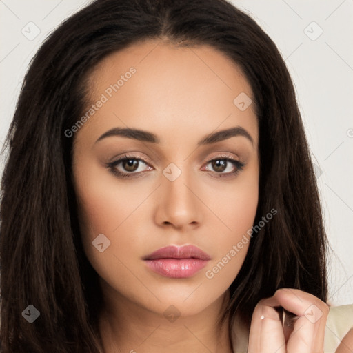 Neutral white young-adult female with long  brown hair and brown eyes