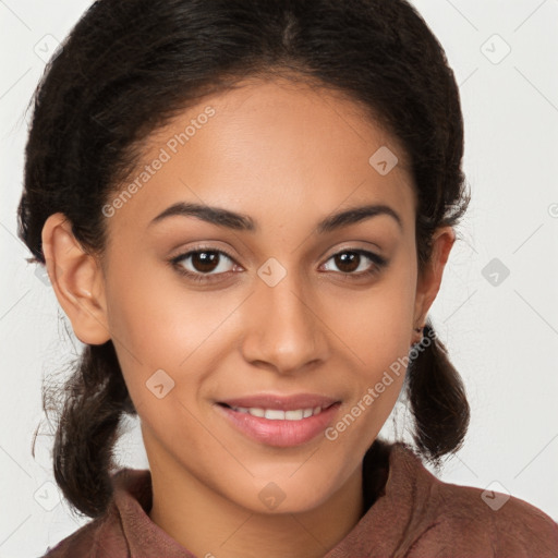 Joyful latino young-adult female with long  brown hair and brown eyes