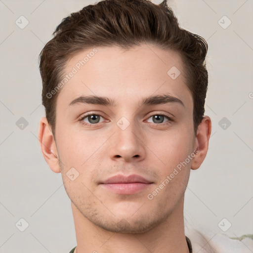 Neutral white young-adult male with short  brown hair and grey eyes