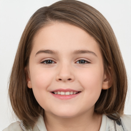 Joyful white child female with medium  brown hair and brown eyes