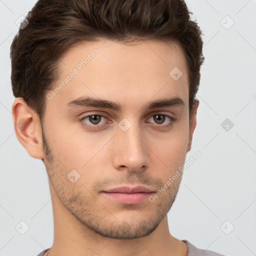 Neutral white young-adult male with short  brown hair and brown eyes