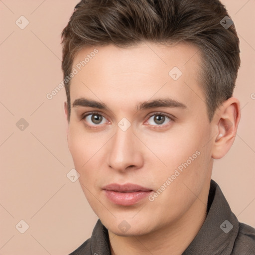 Neutral white young-adult male with short  brown hair and brown eyes