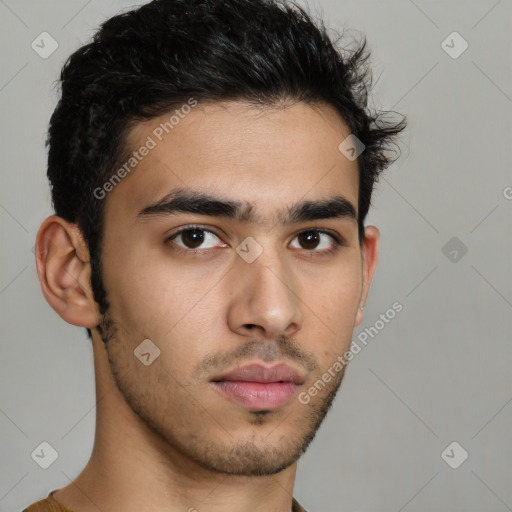 Neutral latino young-adult male with short  brown hair and brown eyes