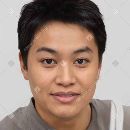 Joyful asian young-adult female with short  brown hair and brown eyes