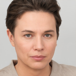 Neutral white young-adult female with short  brown hair and brown eyes