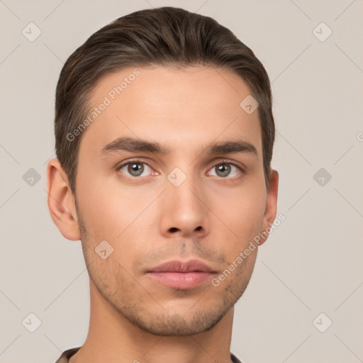 Neutral white young-adult male with short  brown hair and brown eyes