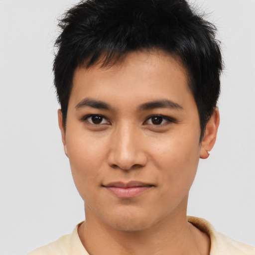 Joyful asian young-adult male with short  black hair and brown eyes