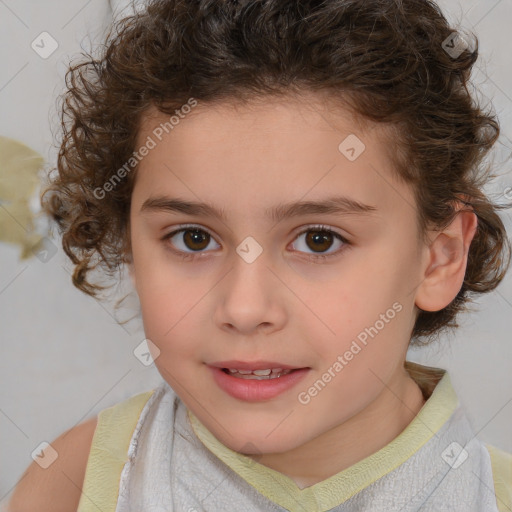 Joyful white child female with short  brown hair and brown eyes