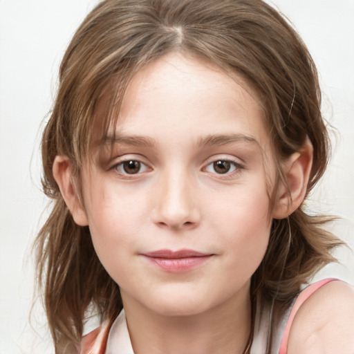 Joyful white child female with medium  brown hair and grey eyes