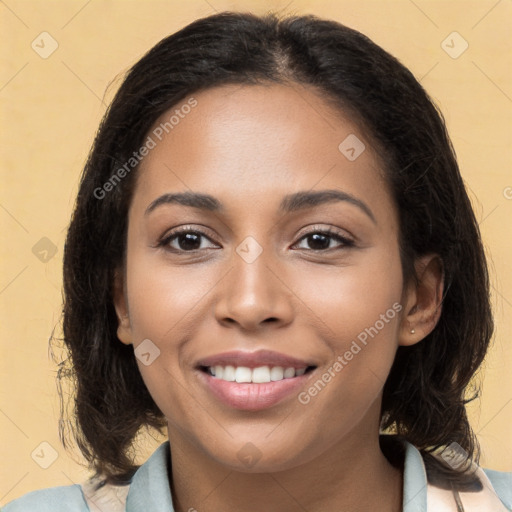 Joyful white young-adult female with medium  brown hair and brown eyes