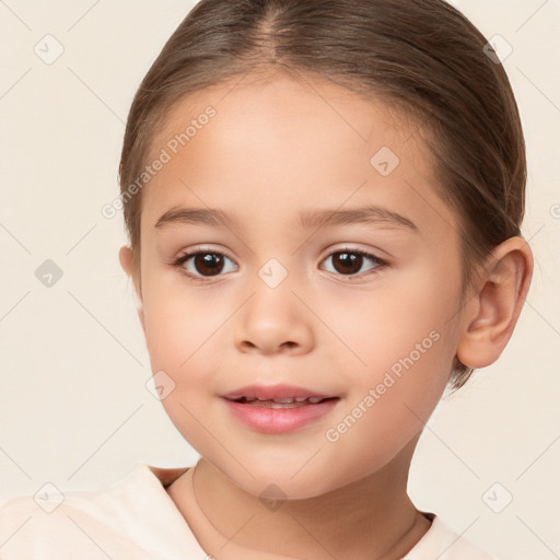 Joyful white child female with short  brown hair and brown eyes