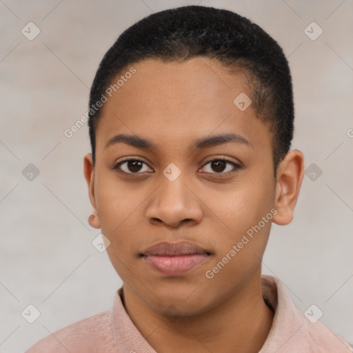 Joyful latino young-adult female with short  black hair and brown eyes