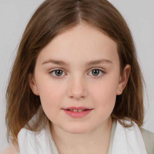 Joyful white child female with medium  brown hair and brown eyes