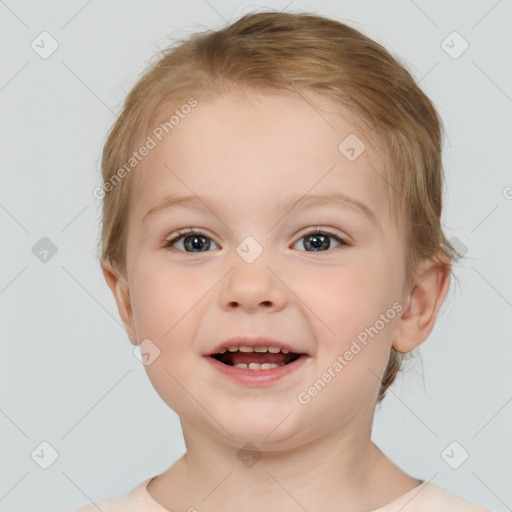 Joyful white child female with medium  brown hair and brown eyes