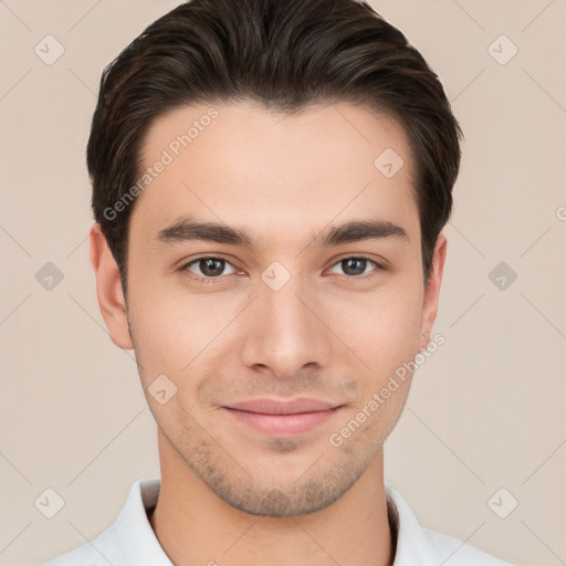 Joyful white young-adult male with short  brown hair and brown eyes