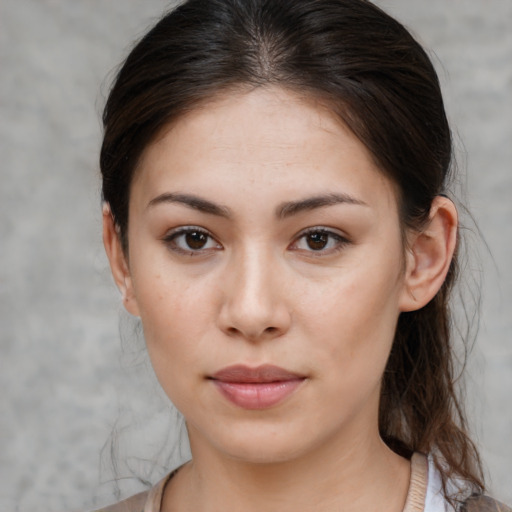 Neutral white young-adult female with medium  brown hair and brown eyes