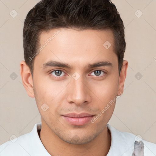 Neutral white young-adult male with short  brown hair and brown eyes