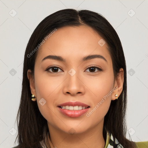 Joyful white young-adult female with long  brown hair and brown eyes