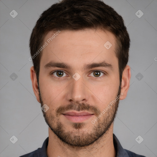 Neutral white young-adult male with short  brown hair and brown eyes