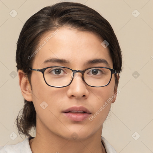 Neutral white young-adult female with medium  brown hair and brown eyes