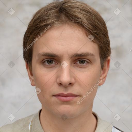 Joyful white young-adult female with short  brown hair and grey eyes