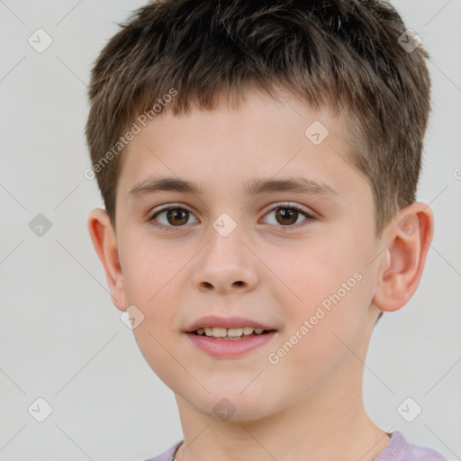 Joyful white child male with short  brown hair and brown eyes