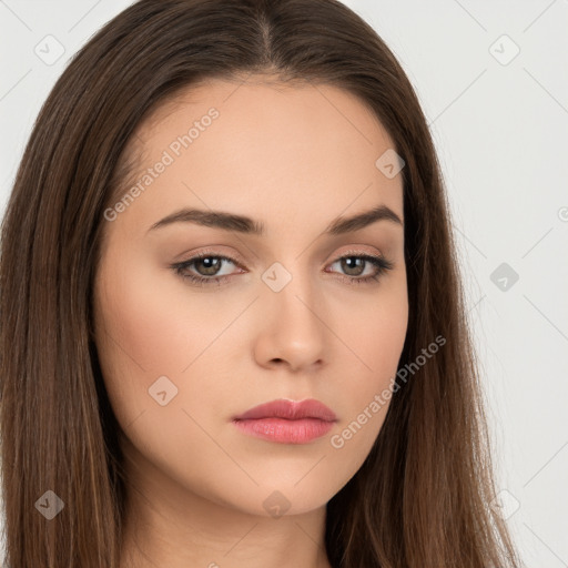 Neutral white young-adult female with long  brown hair and brown eyes