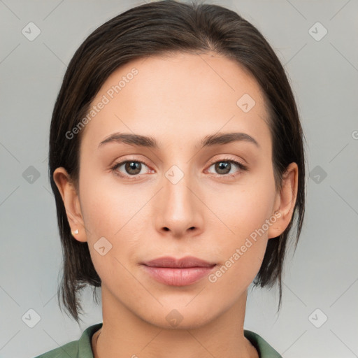 Neutral white young-adult female with medium  brown hair and brown eyes