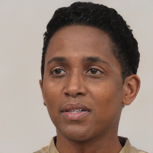 Neutral black adult female with short  black hair and brown eyes