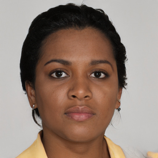 Neutral black young-adult female with short  black hair and brown eyes