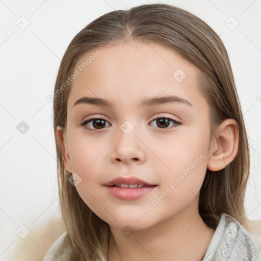 Neutral white child female with medium  brown hair and grey eyes