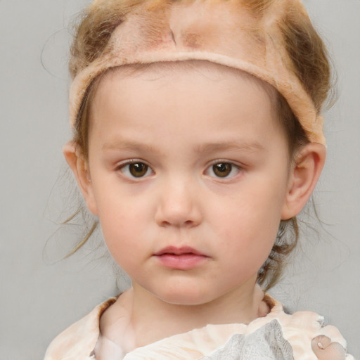 Neutral white child female with medium  brown hair and blue eyes