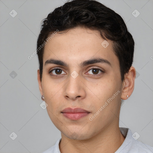 Neutral white young-adult male with short  brown hair and brown eyes