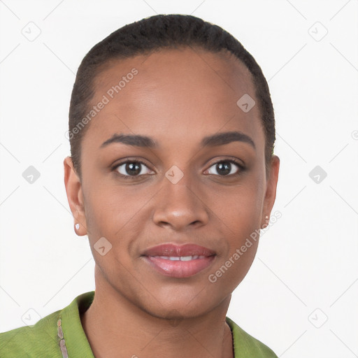 Joyful latino young-adult female with short  brown hair and brown eyes