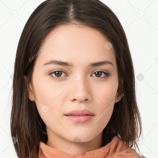 Neutral white young-adult female with long  brown hair and brown eyes