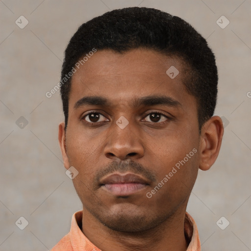 Neutral latino young-adult male with short  black hair and brown eyes