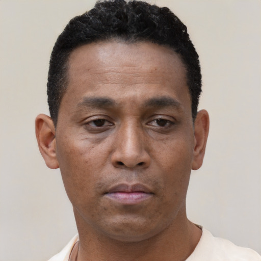 Neutral black adult male with short  black hair and brown eyes