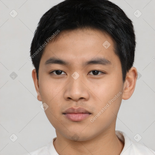 Neutral asian young-adult male with short  black hair and brown eyes