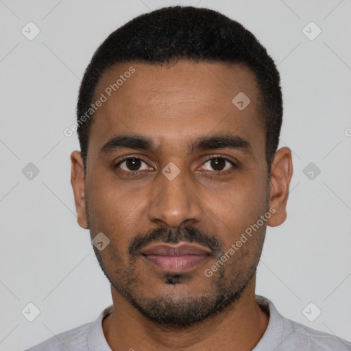 Neutral black young-adult male with short  black hair and brown eyes