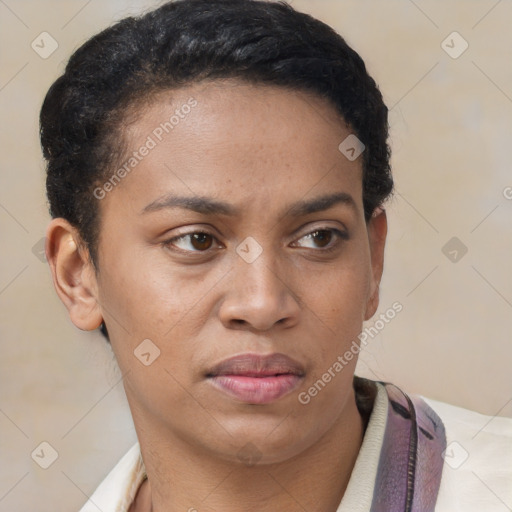 Neutral latino young-adult female with short  brown hair and brown eyes
