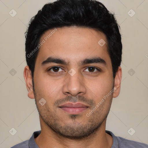 Neutral latino young-adult male with short  black hair and brown eyes