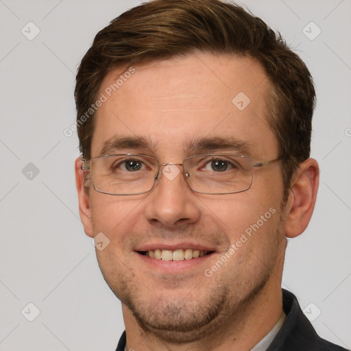 Joyful white adult male with short  brown hair and grey eyes