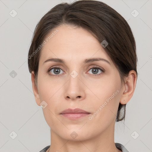 Neutral white young-adult female with short  brown hair and brown eyes