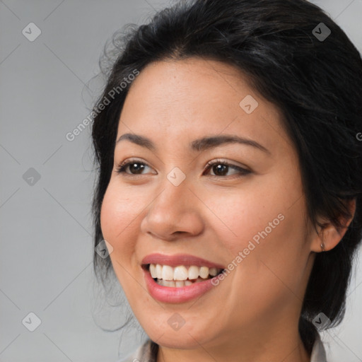 Joyful asian young-adult female with medium  black hair and brown eyes