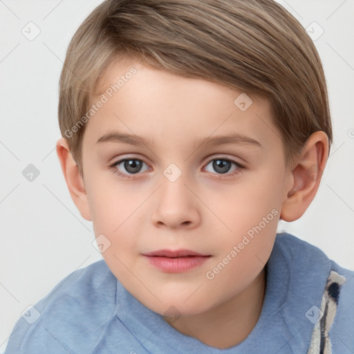 Joyful white child male with short  brown hair and grey eyes